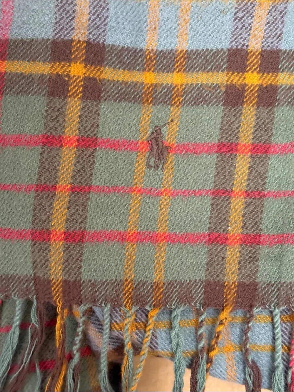Ralph Lauren Olive Plaid Scarf with Slate & Red Accents
